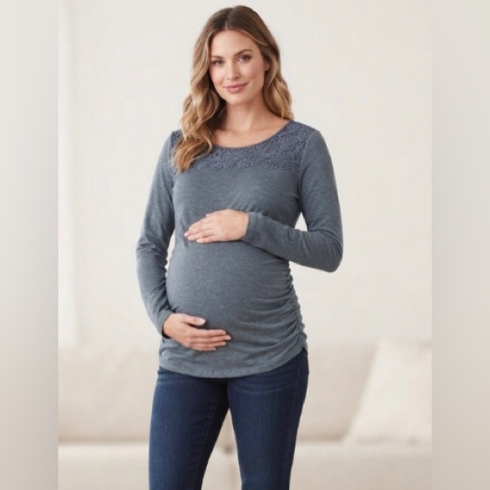 Long Sleeve Lace Yoke Tee - greyish blue